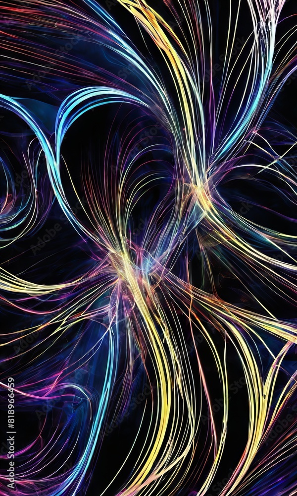 Poster a mesmerizing abstract of neon-colored swirls intertwining in an ethereal dance against a dark backg
