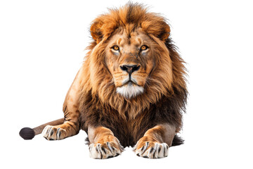 A lion, with its golden-brown fur and a majestic mane, sits regally, embodying strength and power.