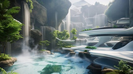 A luxurious futuristic spa retreat nestled within a geothermal landscape, with steaming hot springs...