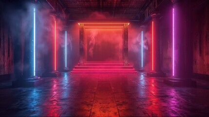 A neon lit room with red pillars and a red archway
