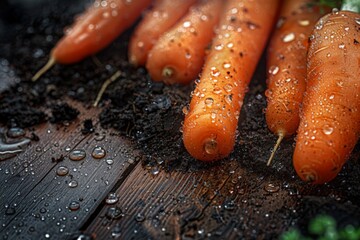 Freshly harvested carrots with water drops