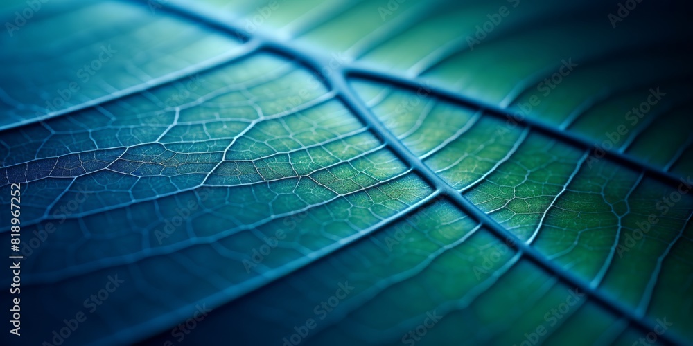 Poster leaf of a tree close-up. blue toned background or wallpaper. mosaic pattern from a net of veins and 