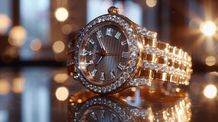 Elegant Timepiece: Luxury Watch with Dazzling Diamond Accents in Bright Studio Setting