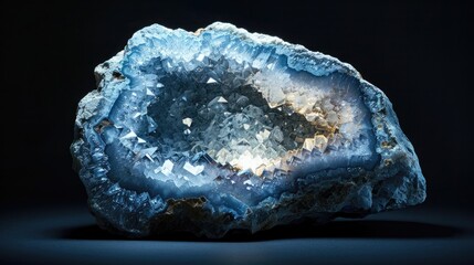 Illuminated Crystal Geode: Stunning glowing crystal geode illuminated from within against a dark background to accentuate the enchanting glow, captured from a side angle.