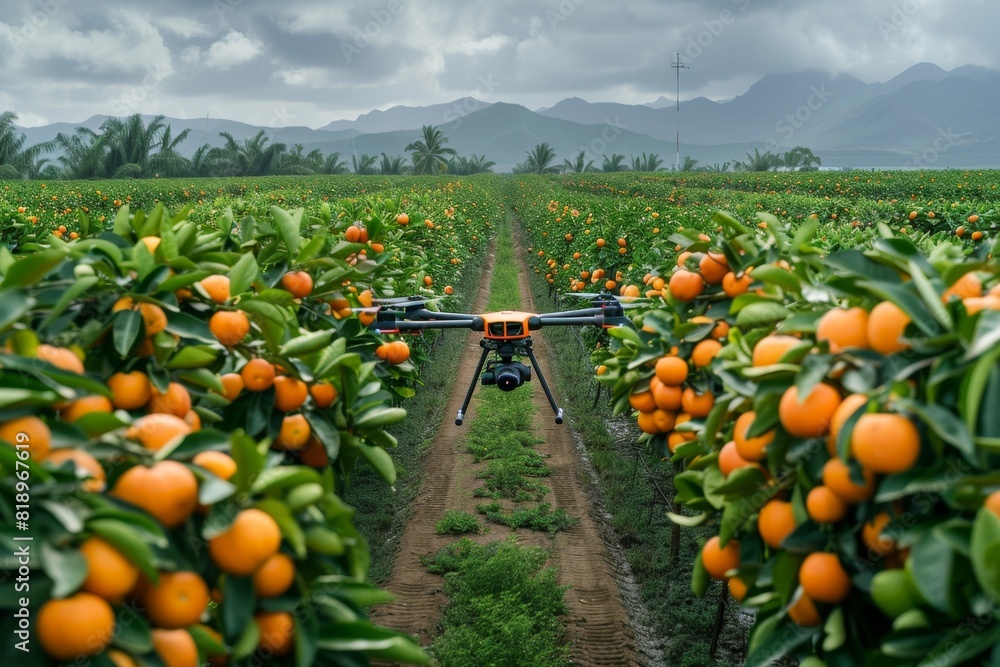 Poster smart farming techniques for crop production efficiency, illustrated in drone operations for advance