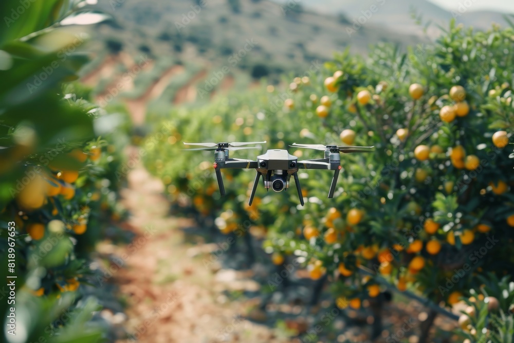 Poster advanced agritech techniques in smart farming, illustrated in drone operations for crop production e
