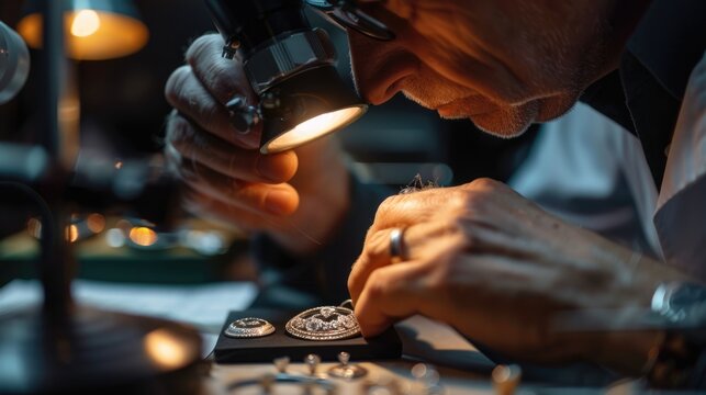 Expert Jewelry Appraiser Examining Valuable Piece in Bright Office Light.