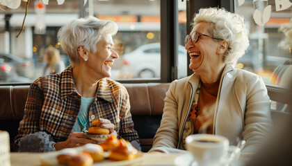 a detailed image of an elderly LGBTQ+ couple sitting at a café, laughing and talking over coffee and pastries, LGBTQ+ Rights, LGBTQ+ couples, LGBTQ+ People, with copy space