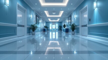 A large, empty hallway with white walls and a blue trim