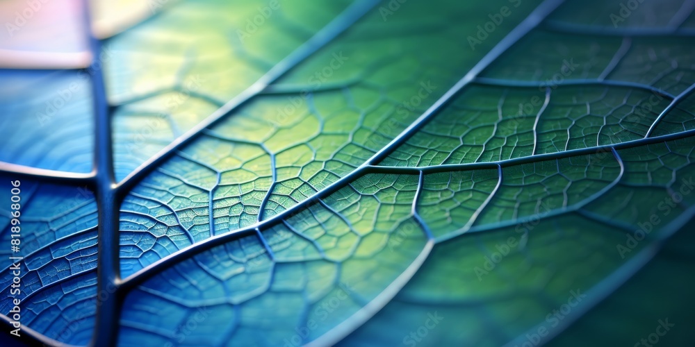 Poster leaf of a tree close-up. blue toned background or wallpaper. mosaic pattern from a net of veins and 