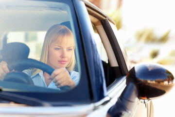Window, woman and driving car for parking with road trip journey, solo holiday or assessment for...