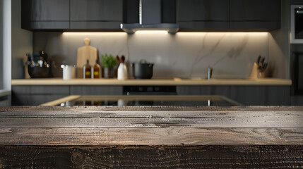 Sun rays fall on a wooden countertop in the kitchen, creating a warm and inviting atmosphere with natural light.