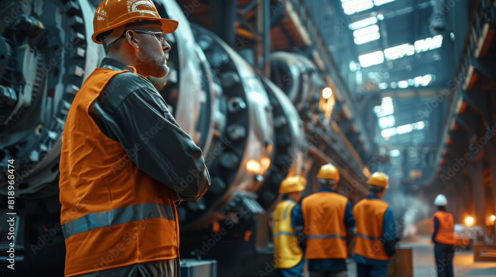 Poster group of workers with a supervisor discussing project details in a large industrial factory setting.