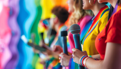 a close-up image of LGBTQ+ allies and activists giving speeches and sharing stories on stage at a community event, LGBTQ+ Pride Event, LGBTQ+ Rights, Pride, LGBTQ+ People, LGBTQIA