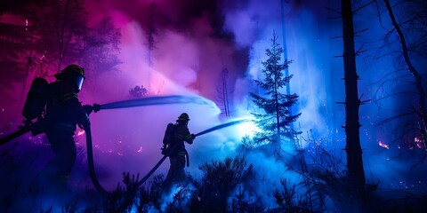 Firefighters use water and foam to combat forest wildfires working diligently. Concept Firefighters, Wildfires, Water, Foam, Emergency