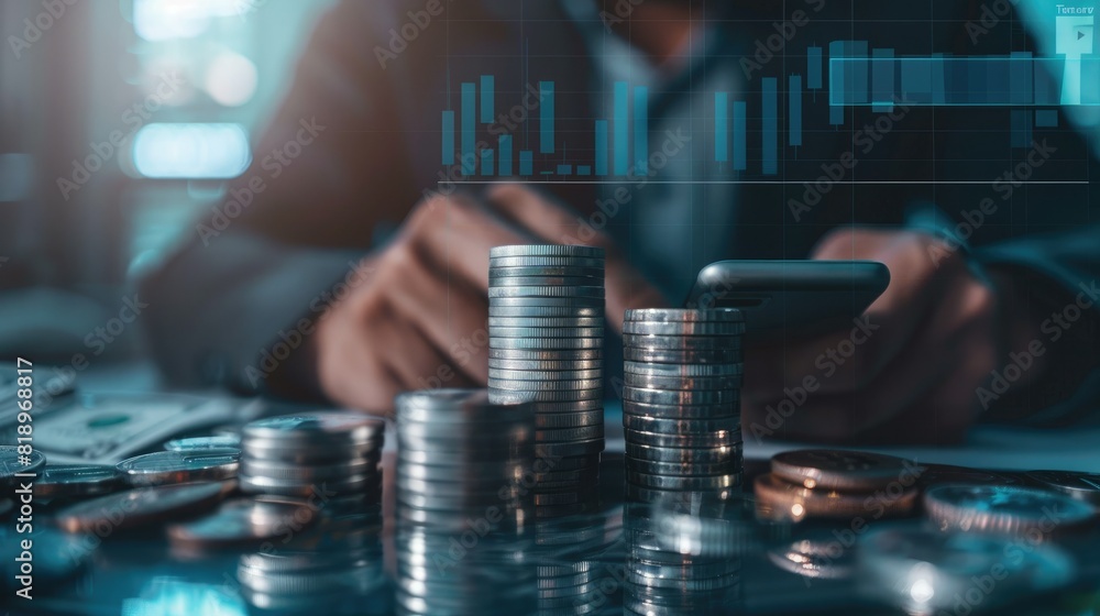 Poster A businessman analyzing market data on a smartphone with a stack of silver coins and a trading chart visible on the screen. 