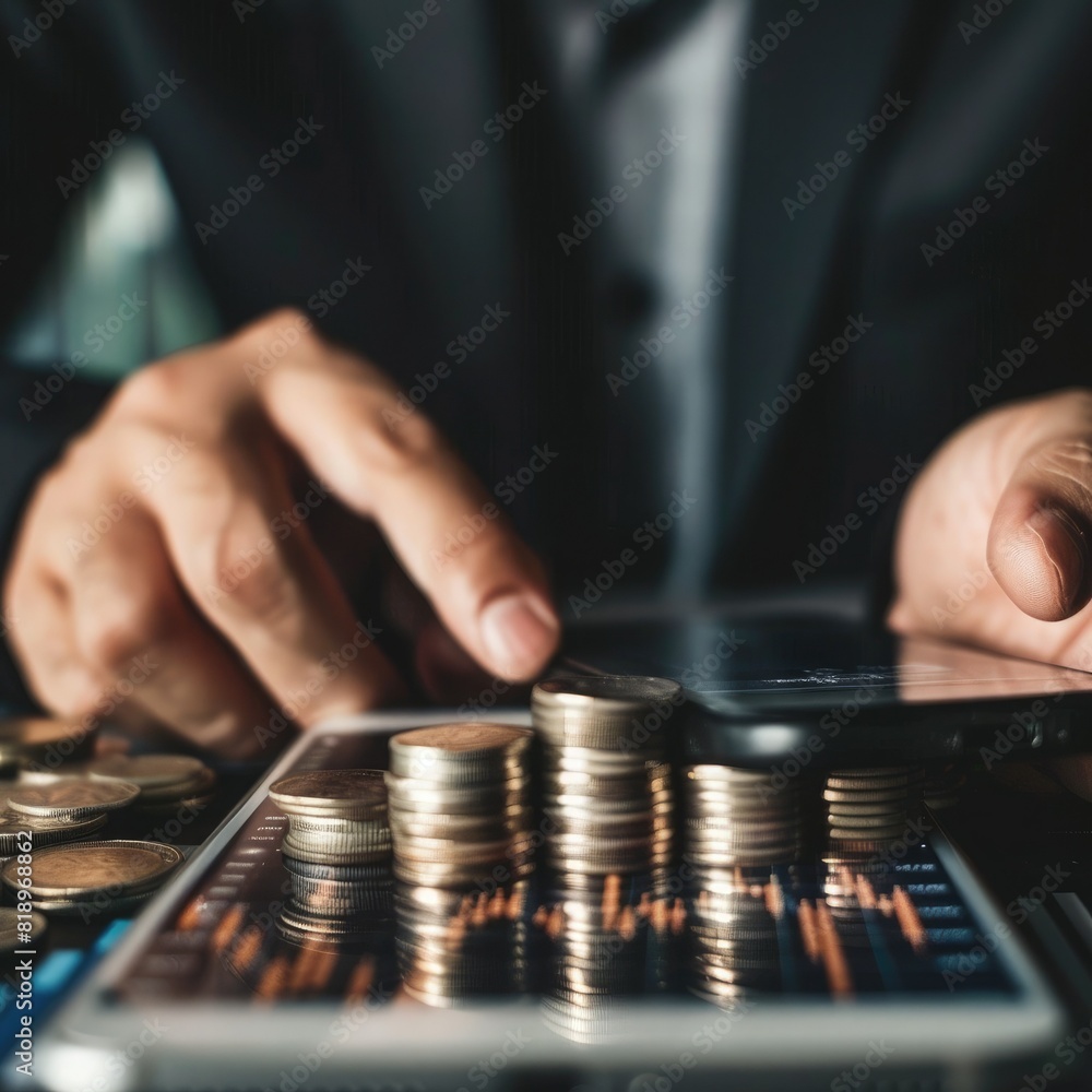 Poster A businessman analyzing market data on a smartphone with a stack of silver coins and a trading chart visible on the screen. 