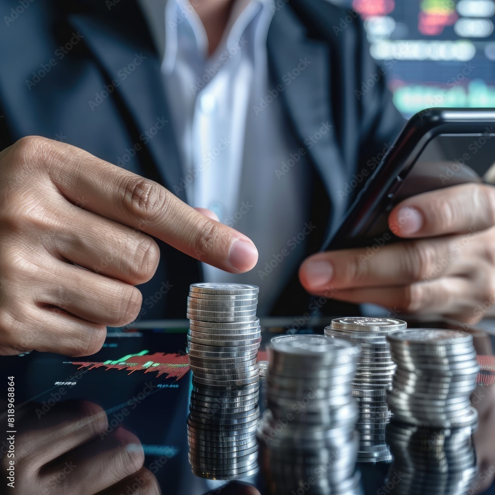 Poster A businessman analyzing market data on a smartphone with a stack of silver coins and a trading chart visible on the screen. 