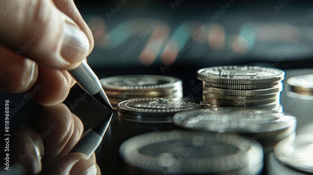 Poster A person's hand using a stylus to interact with a trading chart displayed on a digital tablet, with a stack of silver coins nearby. 