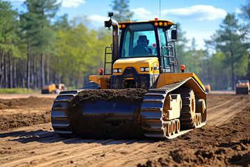 Obraz premium Vibro Roller Soil Compactor leveling ground at construction site