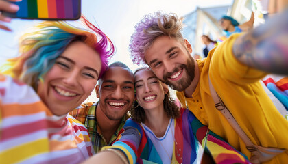Obraz premium a close-up image of an LGBTQ+ couple and a non-LGBTQ+ couple posing for a group selfie, capturing their fun night out, LGBTQ+ Rights, LGBTQ+ couples, LGBTQ+ People, with copy space