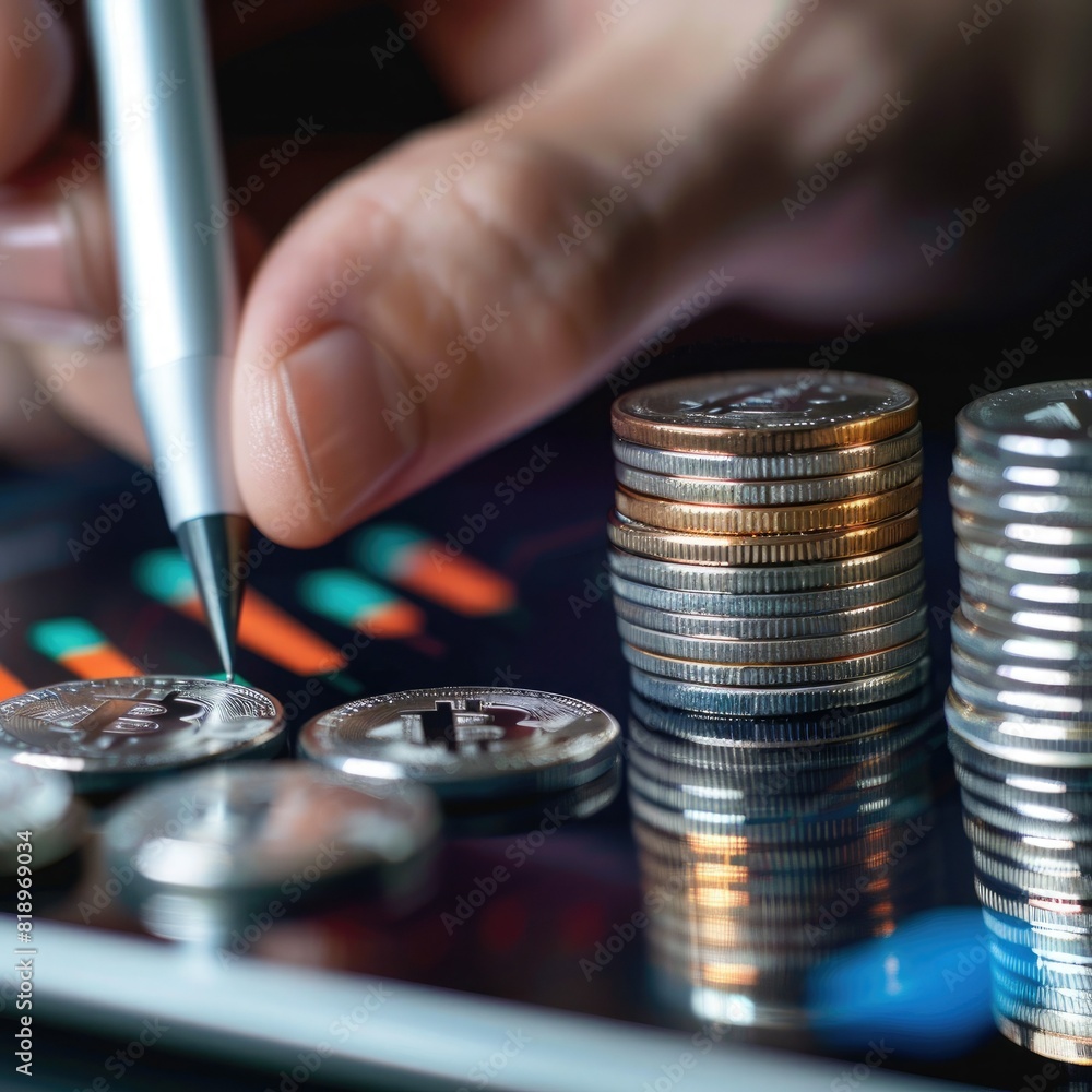 Poster A person's hand using a stylus to interact with a trading chart displayed on a digital tablet, with a stack of silver coins nearby.