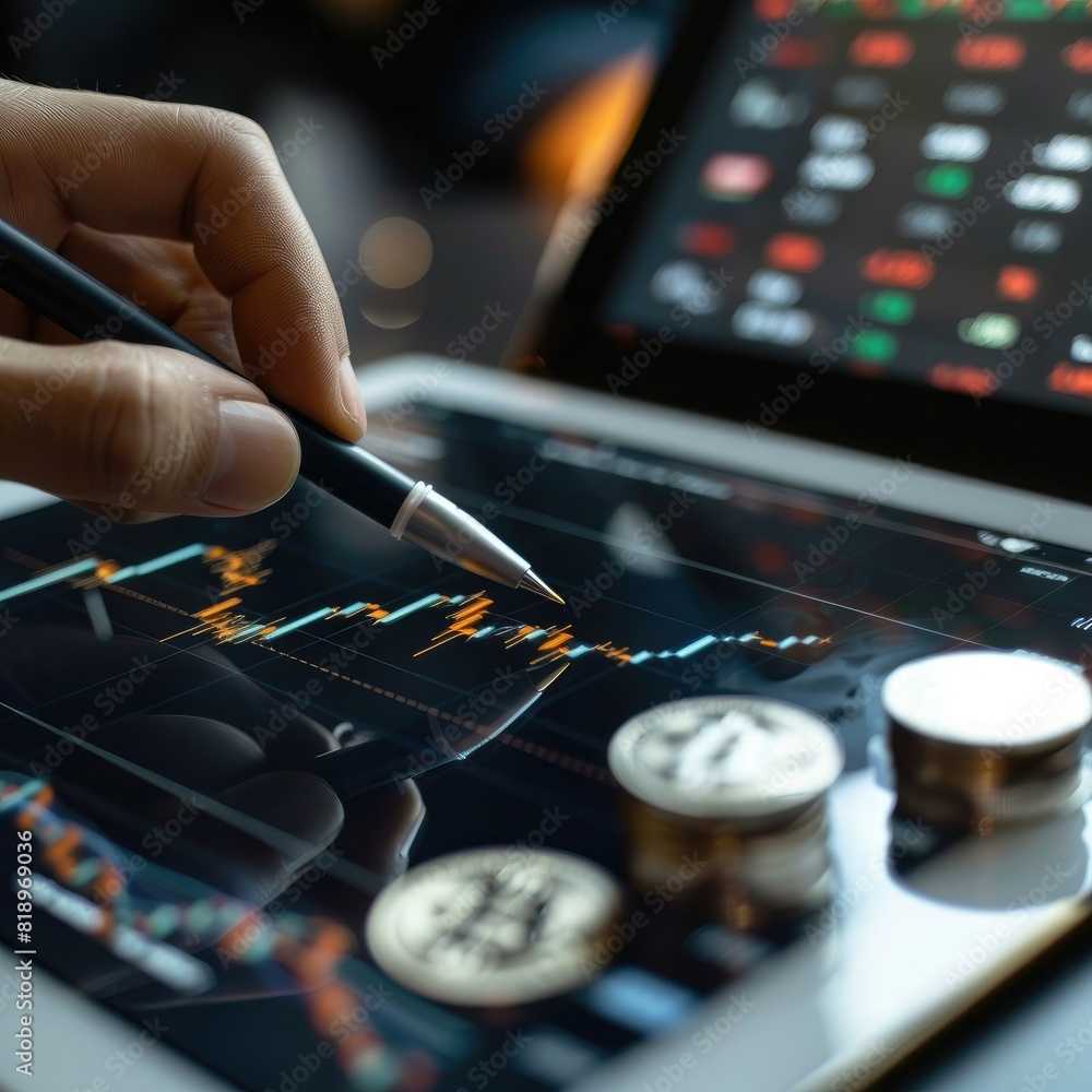 Poster A person's hand using a stylus to interact with a trading chart displayed on a digital tablet, with a stack of silver coins nearby. 