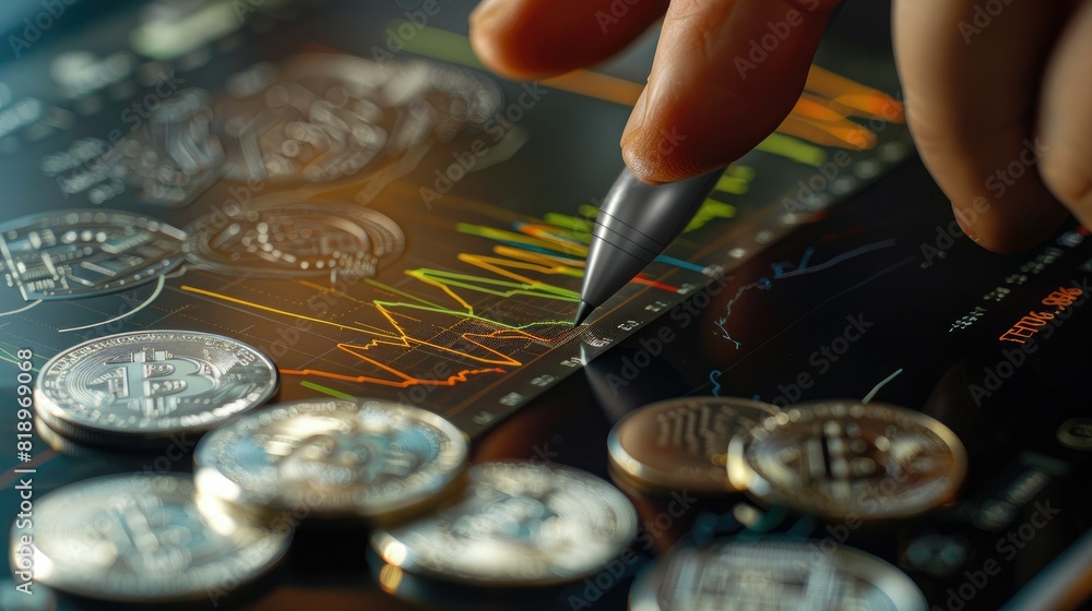 Poster A person's hand using a stylus to interact with a trading chart displayed on a digital tablet, with a stack of silver coins nearby.
