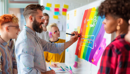 a side view of an LGBTQ+ manager leading a brainstorming session, with team members writing ideas on a whiteboard, LGBTQ+ Rights, LGBTQ+ couples, LGBTQ+ People, with copy space
