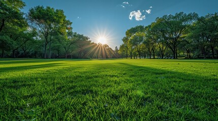 A large, lush green field with trees in the background