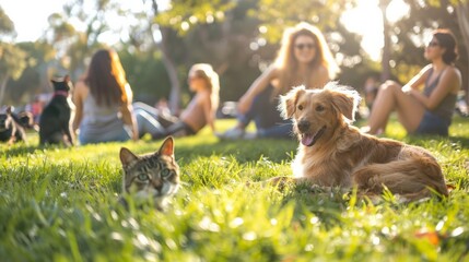 Pet Friendly: Capture a joyful scene in a pet-friendly park with dogs playing fetch, cats lounging, and pet owners socializing. The park is green and spacious with trees, benches, and a designated are