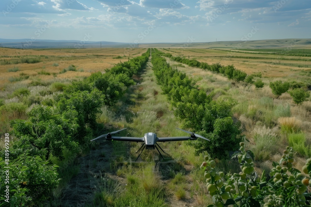 Poster smart farming techniques for crop production efficiency, illustrated in drone operations for advance