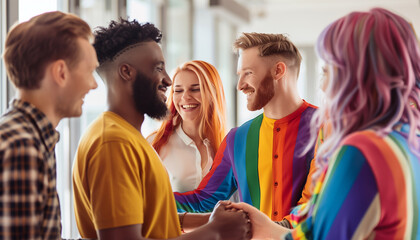 a  of LGBTQ+ colleagues greeting each other with smiles and handshakes as they arrive at the office, LGBTQ+ Rights, LGBTQ+ couples, LGBTQ+ People, with copy space