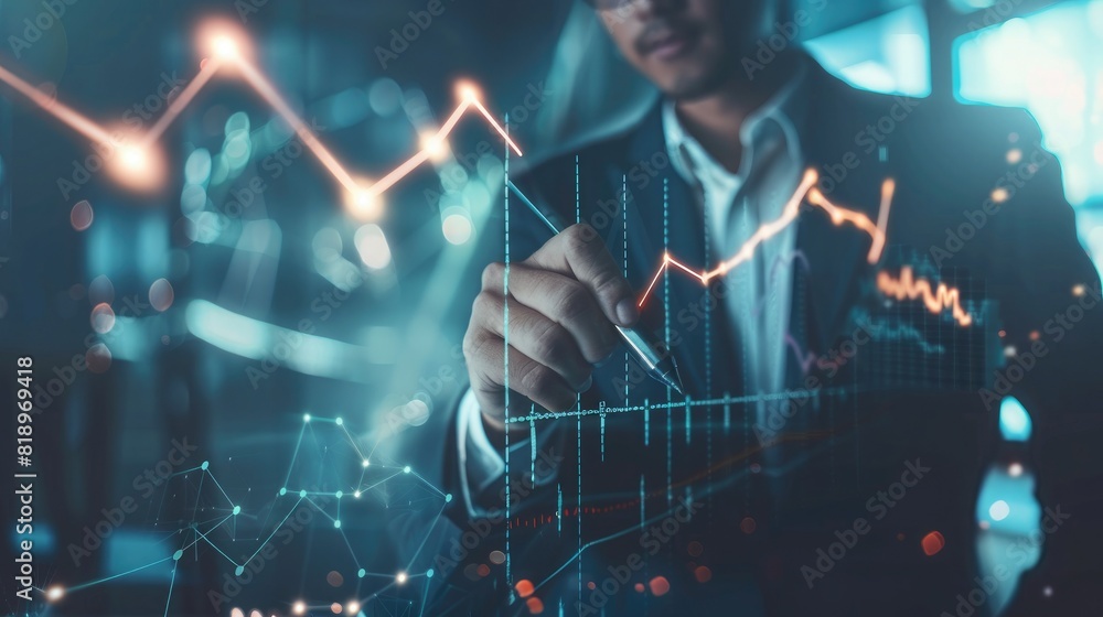 Poster a businessman confidently drawing an upward trending arrow graph on a whiteboard, symbolizing corpor