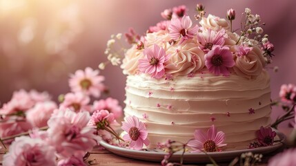 A white cake with pink flowers on top of it