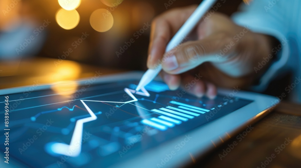 Poster a close-up of a businessman's hand sketching a rising arrow graph on a tablet screen, representing f