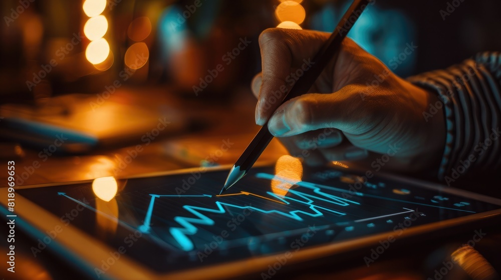 Poster a close-up of a businessman's hand sketching a rising arrow graph on a tablet screen, representing f