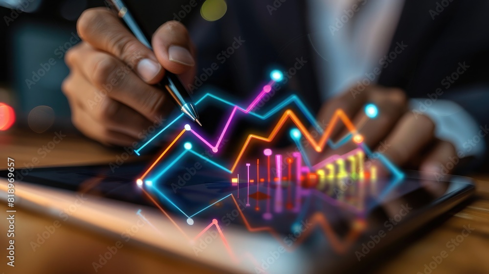 Poster a close-up of a businessman's hand sketching a rising arrow graph on a tablet screen, representing f
