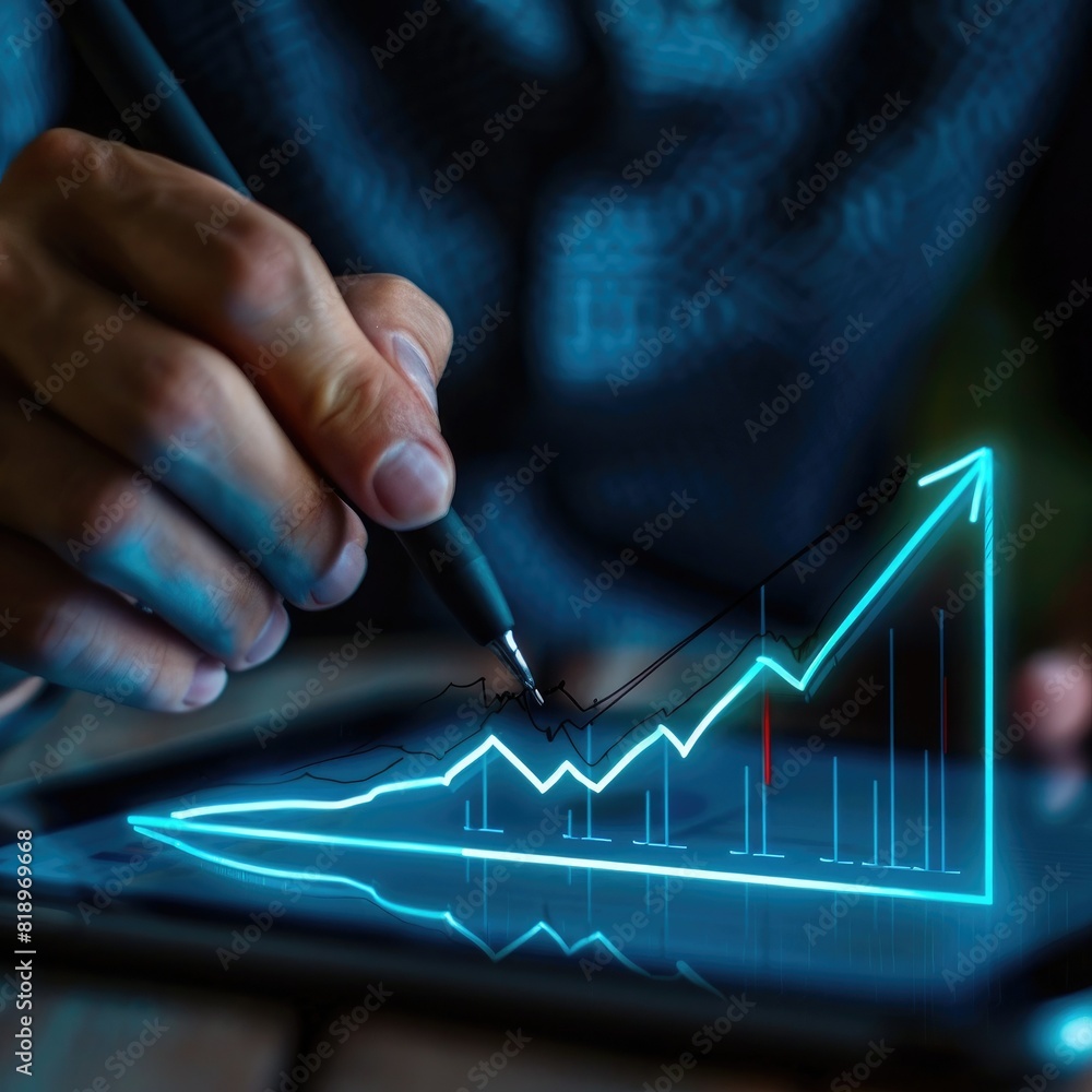 Poster a close-up of a businessman's hand sketching a rising arrow graph on a tablet screen, representing f