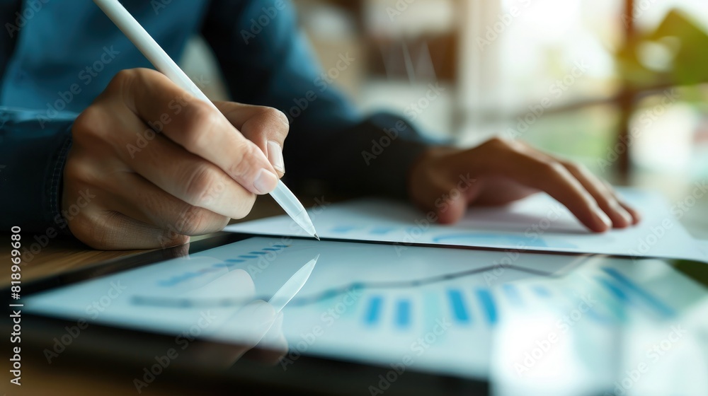 Poster a close-up of a businessman's hand sketching a rising arrow graph on a tablet screen, representing f