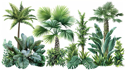 Vividly painted palm trees and ferns pop against a clean white backdrop, exuding tropical vibes and artistic flair.

