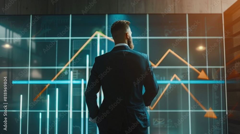 Poster a businessman standing in front of a flip chart, outlining strategic plans for business growth in 20