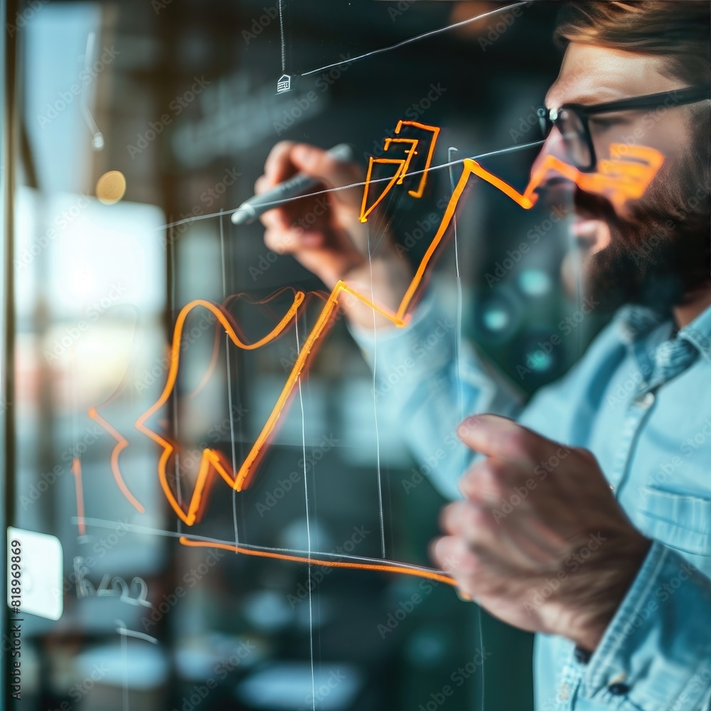Poster a businessman using a marker to draw an upward trending arrow graph on a glass board during a strate