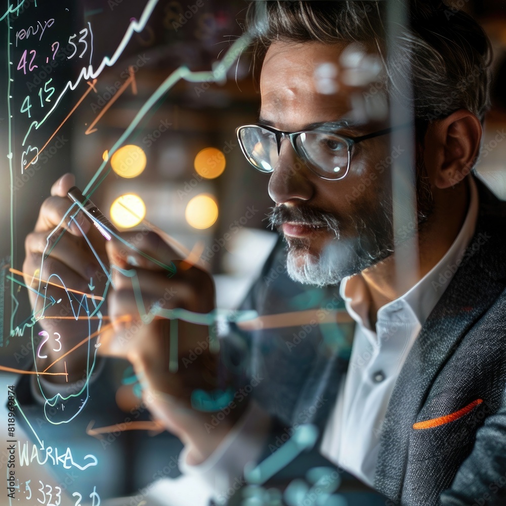 Poster A businessman using a marker to draw an upward trending arrow graph on a glass board during a strategic planning session, highlighting growth prospects for 2023.