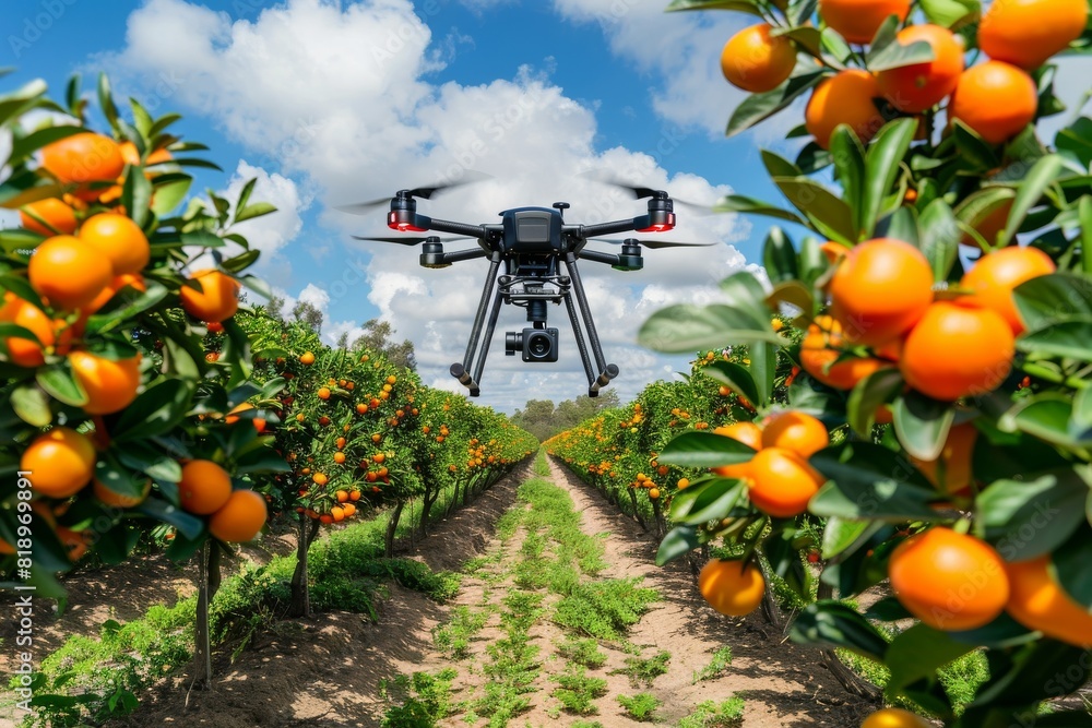 Poster advanced agritech techniques in smart farming, illustrated in drone operations for crop production e