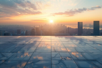 outdoor area in the city at the height of empty square floors and city skyline with modern buildings
