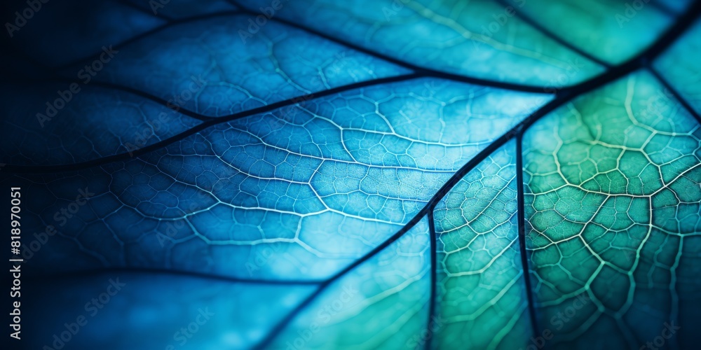 Poster leaf of a tree close-up. blue toned background or wallpaper. mosaic pattern from a net of veins and 