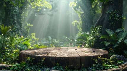 A wooden round table is surrounded by lush green plants and trees