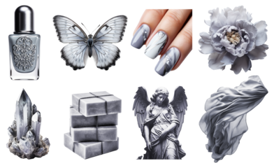 Set of grey fashion objects on png background. Ideal set for design and collage art.