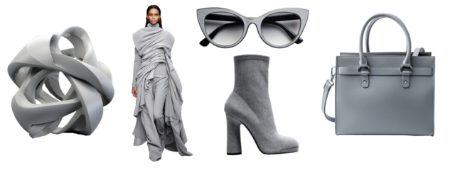 Set of grey fashion accsessories and models on png background. Ideal set for design and collage art.